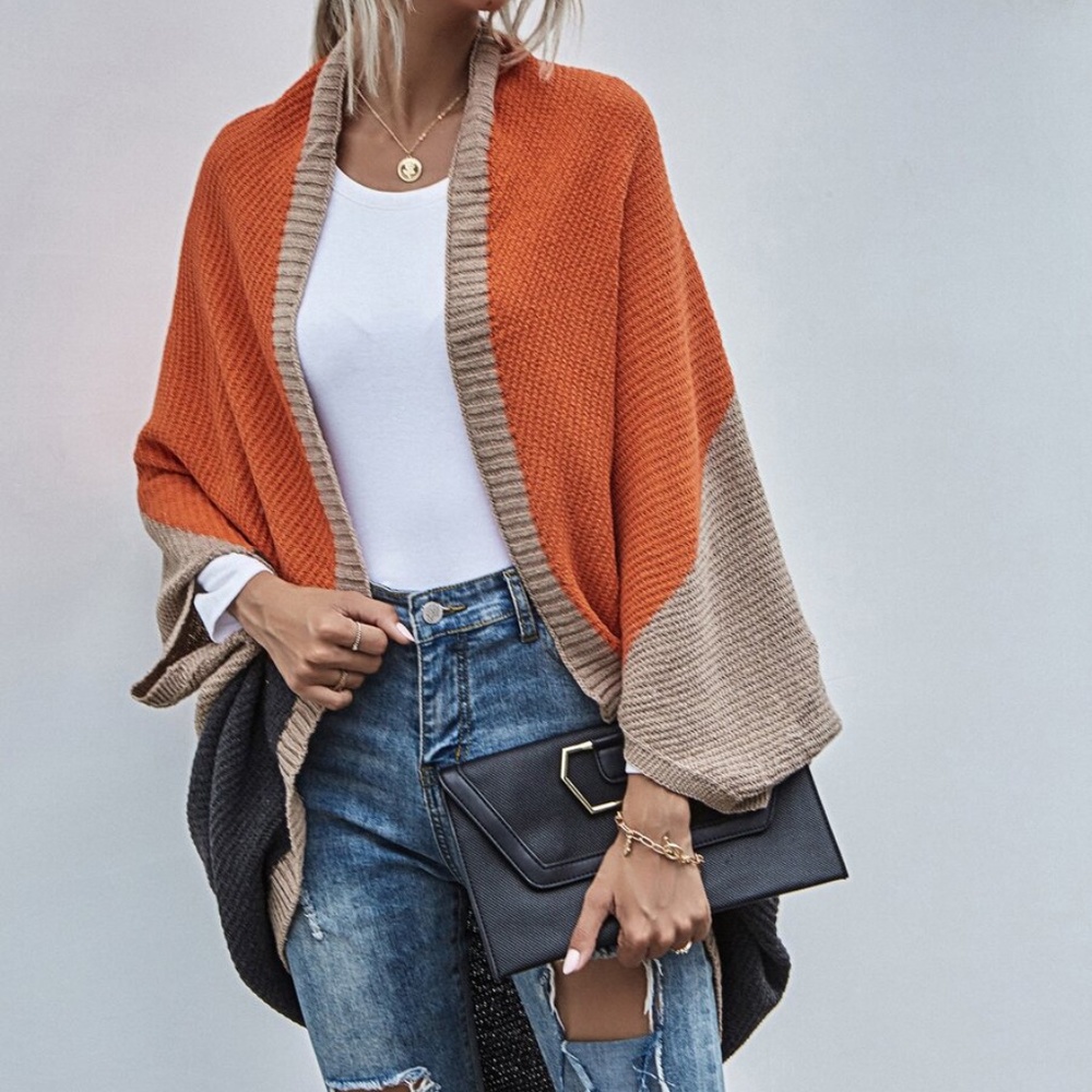 color block open front dolman style fall cardigan